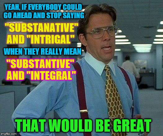 I go 'nucular' every time I hear this crap | YEAH, IF EVERYBODY COULD GO AHEAD AND STOP SAYING; "SUBSTANATIVE" AND "INTRIGAL"; WHEN THEY REALLY MEAN; "SUBSTANTIVE" AND "INTEGRAL"; THAT WOULD BE GREAT | image tagged in memes,that would be great,funny,phunny,pronunciation | made w/ Imgflip meme maker