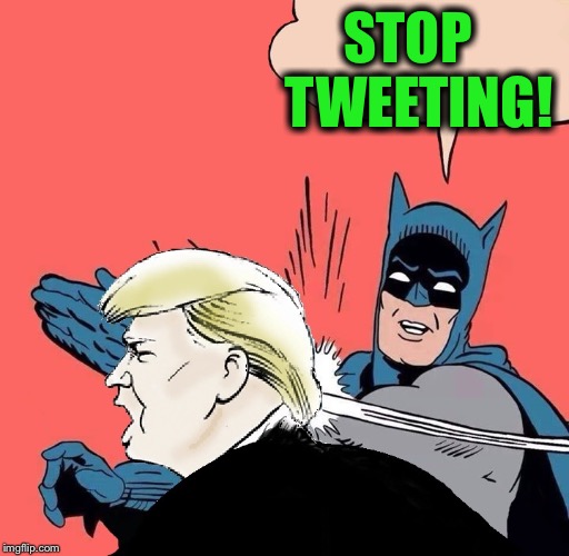 Not all of us that support his policies support his juvenile behavior.  FFS...just stop! | STOP   TWEETING! | image tagged in batman slaps trump,twitter,tweet,ffs | made w/ Imgflip meme maker