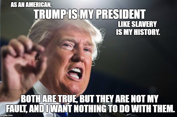 Not my fault | AS AN AMERICAN, TRUMP IS MY PRESIDENT; LIKE SLAVERY IS MY HISTORY. BOTH ARE TRUE, BUT THEY ARE NOT MY FAULT, AND I WANT NOTHING TO DO WITH THEM. | image tagged in donald trump,not my president | made w/ Imgflip meme maker