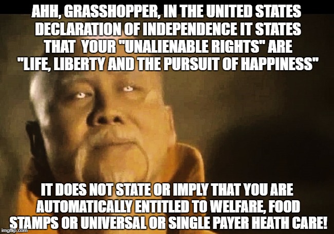 Master Po speaks to those who think other people owe them benefits just because they live within the United Sates of America | AHH, GRASSHOPPER, IN THE UNITED STATES DECLARATION OF INDEPENDENCE IT STATES THAT  YOUR "UNALIENABLE RIGHTS" ARE "LIFE, LIBERTY AND THE PURSUIT OF HAPPINESS"; IT DOES NOT STATE OR IMPLY THAT YOU ARE AUTOMATICALLY ENTITLED TO WELFARE, FOOD STAMPS OR UNIVERSAL OR SINGLE PAYER HEATH CARE! | image tagged in master po says,donald trump approves,liberal vs conservative,election 2016 aftermath,trump meme,true story | made w/ Imgflip meme maker