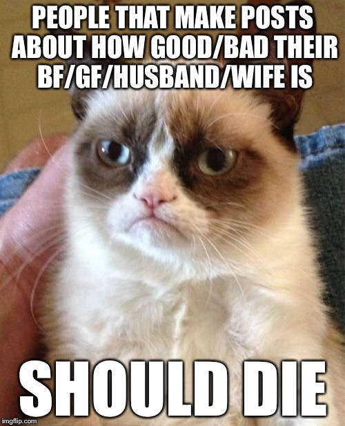 Grumpy Cat Meme | PEOPLE THAT MAKE POSTS ABOUT HOW GOOD/BAD THEIR BF/GF/HUSBAND/WIFE IS SHOULD DIE | image tagged in memes,grumpy cat | made w/ Imgflip meme maker