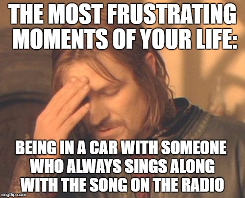 Frustrated Boromir | THE MOST FRUSTRATING MOMENTS OF YOUR LIFE:; BEING IN A CAR WITH SOMEONE WHO ALWAYS SINGS ALONG WITH THE SONG ON THE RADIO | image tagged in memes,frustrated boromir | made w/ Imgflip meme maker