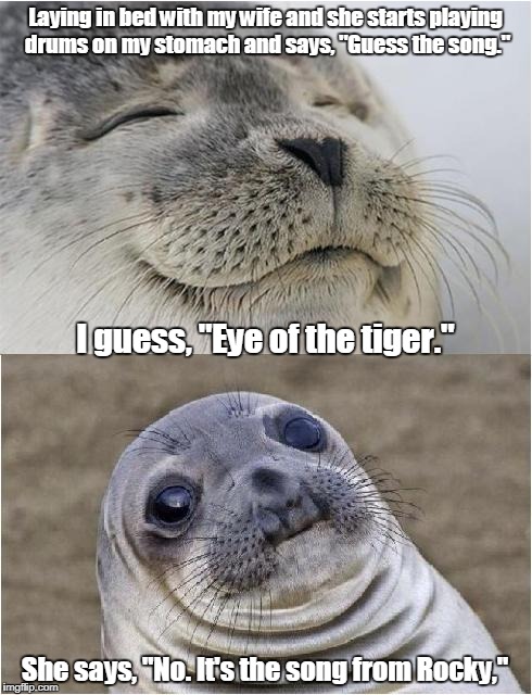 Awkward moment seal | Laying in bed with my wife and she starts playing drums on my stomach and says, "Guess the song."; I guess, "Eye of the tiger."; She says, "No. It's the song from Rocky," | image tagged in awkward moment seal | made w/ Imgflip meme maker