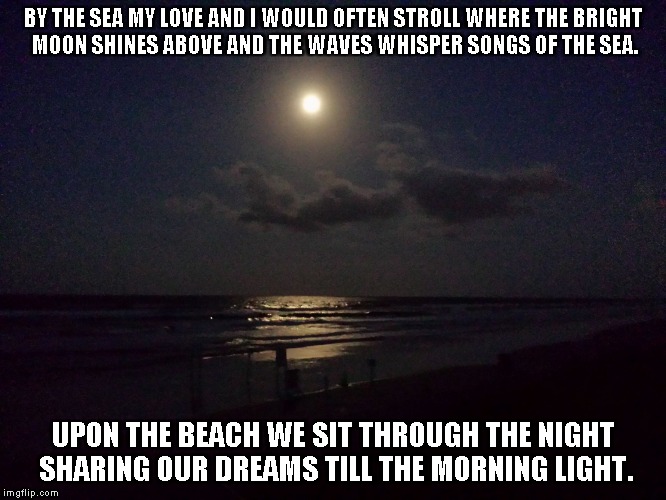 By the Sea | BY THE SEA MY LOVE AND I WOULD OFTEN STROLL WHERE THE BRIGHT MOON SHINES ABOVE AND THE WAVES WHISPER SONGS OF THE SEA. UPON THE BEACH WE SIT THROUGH THE NIGHT SHARING OUR DREAMS TILL THE MORNING LIGHT. | image tagged in love,the sea,the moon,waves,beaches,dreams | made w/ Imgflip meme maker