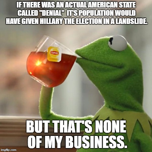 Democrats in the state of denial should create their own "state". | IF THERE WAS AN ACTUAL AMERICAN STATE CALLED "DENIAL"  IT'S POPULATION WOULD HAVE GIVEN HILLARY THE ELECTION IN A LANDSLIDE. BUT THAT'S NONE OF MY BUSINESS. | image tagged in memes,but thats none of my business,kermit the frog,election 2016 aftermath,denial,butthurt liberals | made w/ Imgflip meme maker
