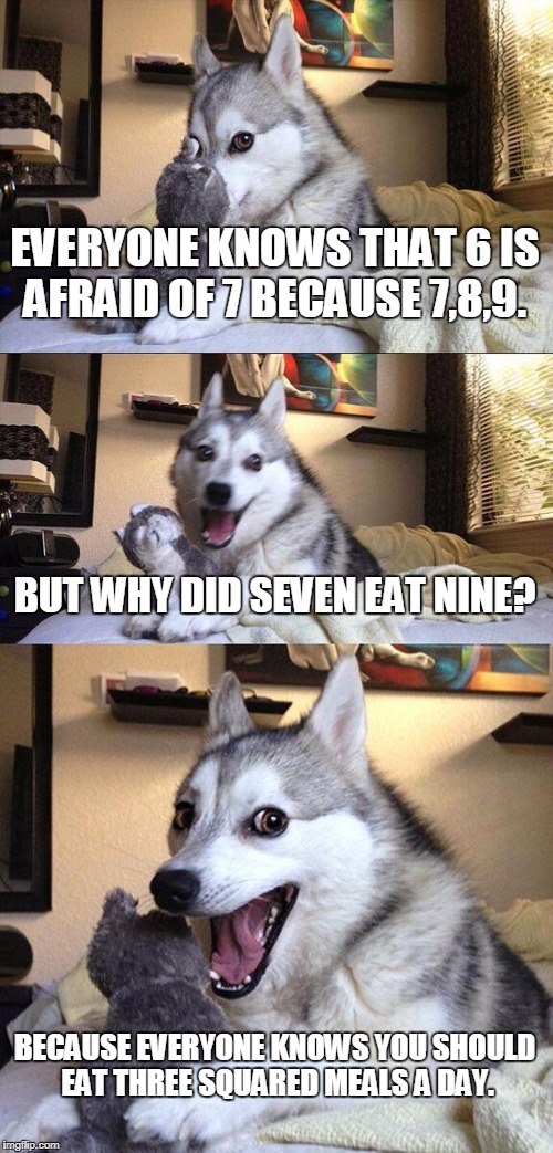 Bad Pun Dog | EVERYONE KNOWS THAT 6 IS AFRAID OF 7 BECAUSE 7,8,9. BUT WHY DID SEVEN EAT NINE? BECAUSE EVERYONE KNOWS YOU SHOULD EAT THREE SQUARED MEALS A DAY. | image tagged in memes,bad pun dog | made w/ Imgflip meme maker