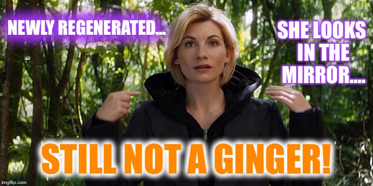 Doctor Who is NOT amused... | SHE LOOKS IN THE MIRROR.... NEWLY REGENERATED... STILL NOT A GINGER! | image tagged in doctor who,13,ginger | made w/ Imgflip meme maker