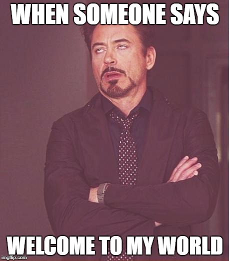 Face You Make Robert Downey Jr | WHEN SOMEONE SAYS; WELCOME TO MY WORLD | image tagged in memes,face you make robert downey jr | made w/ Imgflip meme maker