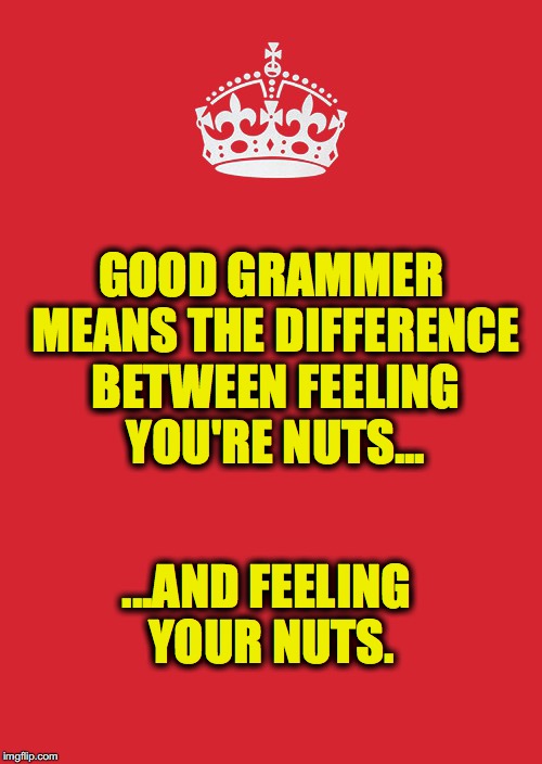 Fun Factoid | GOOD GRAMMER MEANS THE DIFFERENCE BETWEEN FEELING YOU'RE NUTS... ...AND FEELING YOUR NUTS. | image tagged in memes,keep calm and carry on red | made w/ Imgflip meme maker