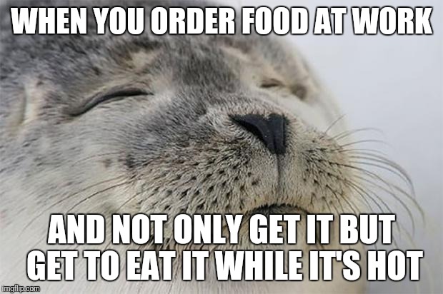 Satisfied Seal | WHEN YOU ORDER FOOD AT WORK; AND NOT ONLY GET IT BUT GET TO EAT IT WHILE IT'S HOT | image tagged in memes,satisfied seal | made w/ Imgflip meme maker