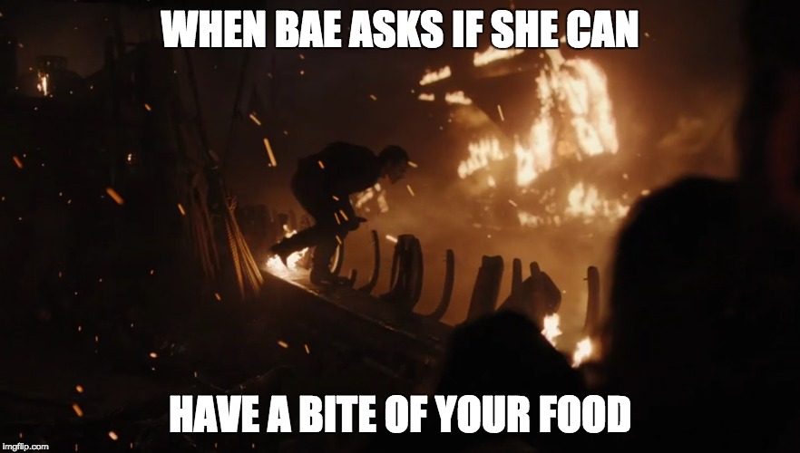 Theon bailjoy | WHEN BAE ASKS IF SHE CAN; HAVE A BITE OF YOUR FOOD | image tagged in theon,bae,food | made w/ Imgflip meme maker