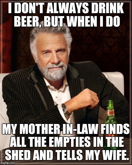 I guess that's why they invented bars | I DON'T ALWAYS DRINK BEER, BUT WHEN I DO; MY MOTHER IN-LAW FINDS ALL THE EMPTIES IN THE SHED AND TELLS MY WIFE. | image tagged in memes,the most interesting man in the world,mother in law,beers,home alone,not funny | made w/ Imgflip meme maker