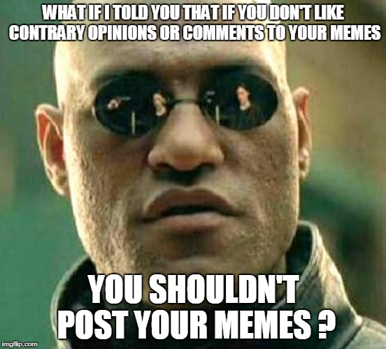 morpheus meme blank | WHAT IF I TOLD YOU THAT IF YOU DON'T LIKE CONTRARY OPINIONS OR COMMENTS TO YOUR MEMES; YOU SHOULDN'T POST YOUR MEMES ? | image tagged in morpheus meme blank | made w/ Imgflip meme maker
