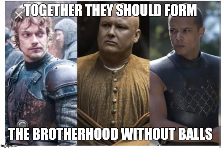 Brotherhood without balls | TOGETHER THEY SHOULD FORM; THE BROTHERHOOD WITHOUT BALLS | image tagged in memes,funnymemes,game of thrones,theon greyjoy | made w/ Imgflip meme maker