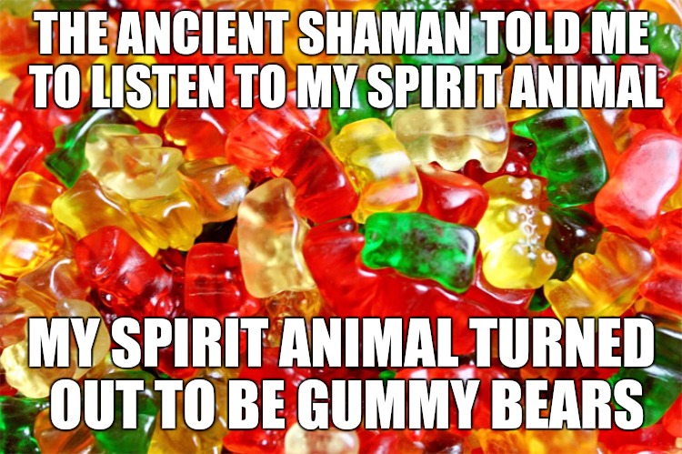I've always been spititual | THE ANCIENT SHAMAN TOLD ME TO LISTEN TO MY SPIRIT ANIMAL; MY SPIRIT ANIMAL TURNED OUT TO BE GUMMY BEARS | image tagged in spirit animal,gummy bears,memes,spirituality | made w/ Imgflip meme maker