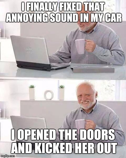 Hide the Pain Harold | I FINALLY FIXED THAT ANNOYING SOUND IN MY CAR; I OPENED THE DOORS AND KICKED HER OUT | image tagged in memes,hide the pain harold | made w/ Imgflip meme maker