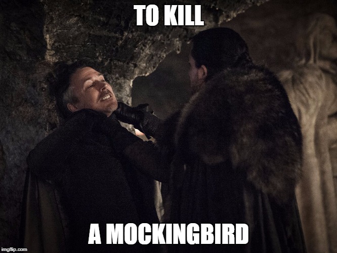 Littlefinger gets choked | TO KILL; A MOCKINGBIRD | image tagged in littlefinger gets choked,game of thrones,season 7,littlefinger,jon snow,to kill a mockingbird | made w/ Imgflip meme maker