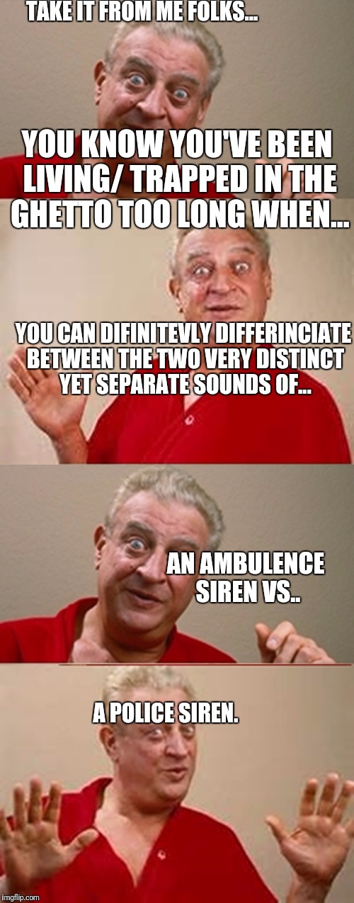 Bad Pun Rodney Dangerfield | TAKE IT FROM ME FOLKS... YOU KNOW YOU'VE BEEN LIVING/ TRAPPED IN THE GHETTO TOO LONG WHEN... YOU CAN DIFINITEVLY DIFFERINCIATE BETWEEN THE TWO VERY DISTINCT YET SEPARATE SOUNDS OF... AN AMBULENCE SIREN VS.. A POLICE SIREN. | image tagged in bad pun rodney dangerfield | made w/ Imgflip meme maker