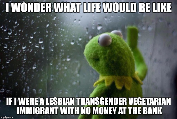 Suddenly, I realized my life is great! | I WONDER WHAT LIFE WOULD BE LIKE; IF I WERE A LESBIAN TRANSGENDER VEGETARIAN IMMIGRANT WITH NO MONEY AT THE BANK | image tagged in memes,funny,lesbian,transgender,vegetarian,immigrant | made w/ Imgflip meme maker