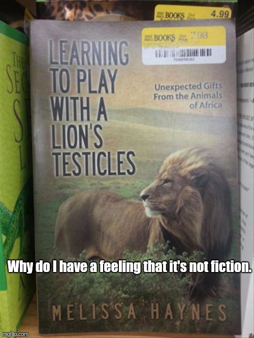 Making him feel like he's the king of the jungle.  | Why do I have a feeling that it's not fiction. | image tagged in funny cats,books,lions,testicles | made w/ Imgflip meme maker
