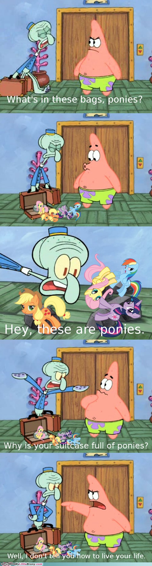 image tagged in memes,my little pony,patrick star,squidward | made w/ Imgflip meme maker