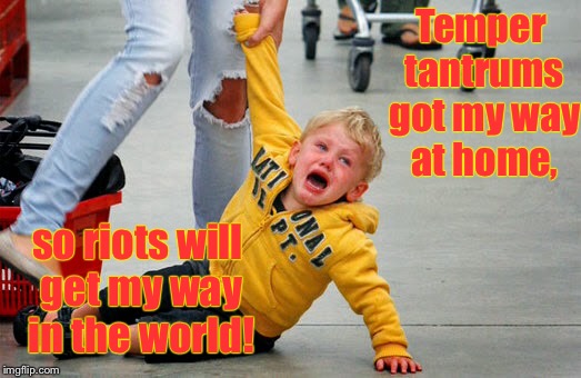 Thanks for the riots, parents  | Temper tantrums got my way at home, so riots will get my way in the world! | image tagged in memes,temper tantrums,riots,spoiled brats,manipulation,discipline | made w/ Imgflip meme maker