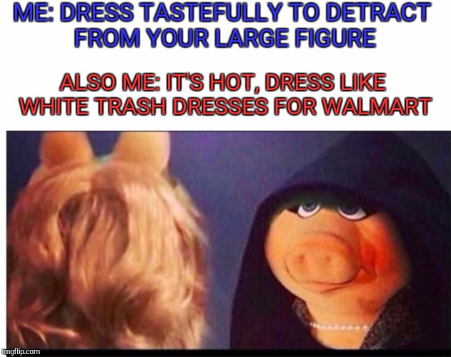 Dark Miss Piggy | ME: DRESS TASTEFULLY TO DETRACT FROM YOUR LARGE FIGURE; ALSO ME: IT'S HOT, DRESS LIKE WHITE TRASH DRESSES FOR WALMART | image tagged in dark miss piggy | made w/ Imgflip meme maker