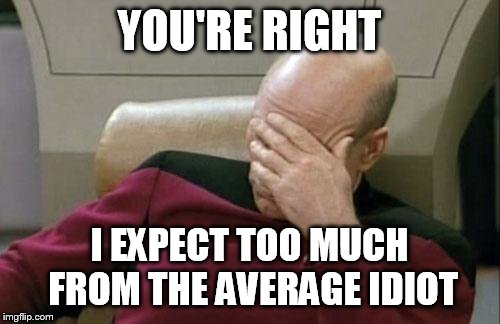 Captain Picard Facepalm Meme | YOU'RE RIGHT I EXPECT TOO MUCH FROM THE AVERAGE IDIOT | image tagged in memes,captain picard facepalm | made w/ Imgflip meme maker