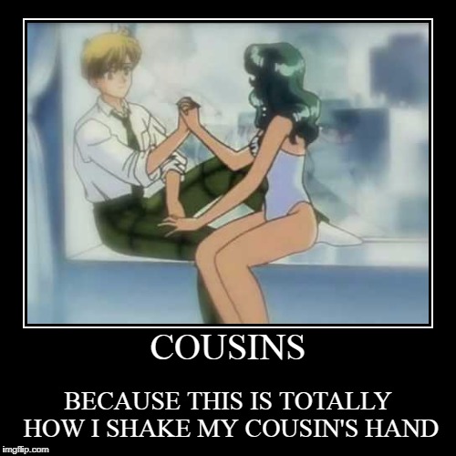 Yeah, cousins... | image tagged in funny,demotivationals,sailor moon,cousin | made w/ Imgflip demotivational maker