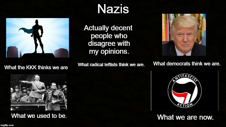 Nazis | Nazis; Actually decent people who disagree with my opinions. What democrats think we are. What radical leftists think we are. What the KKK thinks we are; What we are now. What we used to be. | image tagged in nazis,donald trump,antifa,memes,what i really do | made w/ Imgflip meme maker
