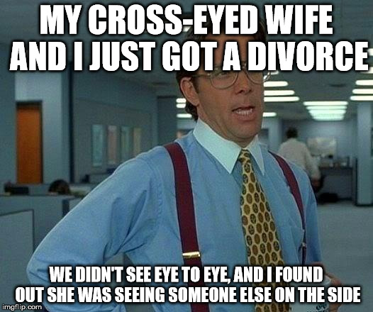 The problems of being cross-eyed | MY CROSS-EYED WIFE AND I JUST GOT A DIVORCE; WE DIDN'T SEE EYE TO EYE, AND I FOUND OUT SHE WAS SEEING SOMEONE ELSE ON THE SIDE | image tagged in memes,that would be great,wife,crosseyed,divorce | made w/ Imgflip meme maker