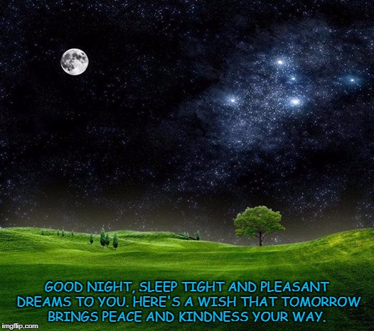 Moon | GOOD NIGHT, SLEEP TIGHT AND PLEASANT DREAMS TO YOU. HERE'S A WISH THAT TOMORROW BRINGS PEACE AND KINDNESS YOUR WAY. | image tagged in moon | made w/ Imgflip meme maker