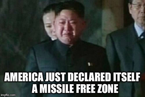 We all better pray that this is more effective than Gun Free Zones | AMERICA JUST DECLARED ITSELF   A MISSILE FREE ZONE | image tagged in memes,kim jong un sad,missiles,nuke,gun free zone | made w/ Imgflip meme maker