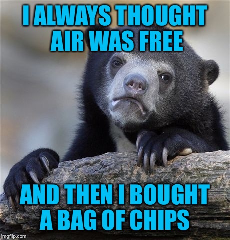 Confession Bear | I ALWAYS THOUGHT AIR WAS FREE; AND THEN I BOUGHT A BAG OF CHIPS | image tagged in memes,confession bear | made w/ Imgflip meme maker