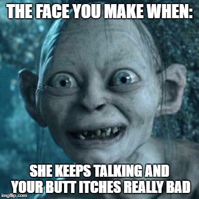 Gollum Meme | THE FACE YOU MAKE WHEN:; SHE KEEPS TALKING AND YOUR BUTT ITCHES REALLY BAD | image tagged in memes,gollum | made w/ Imgflip meme maker