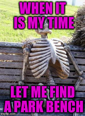 Waiting Skeleton Meme | WHEN IT IS MY TIME LET ME FIND A PARK BENCH | image tagged in memes,waiting skeleton | made w/ Imgflip meme maker