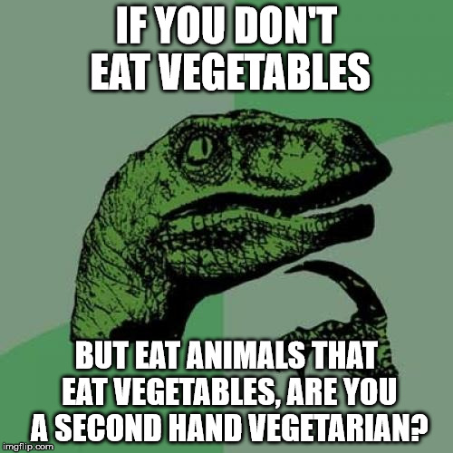 Philosoraptor Meme | IF YOU DON'T EAT VEGETABLES; BUT EAT ANIMALS THAT EAT VEGETABLES, ARE YOU A SECOND HAND VEGETARIAN? | image tagged in memes,philosoraptor | made w/ Imgflip meme maker