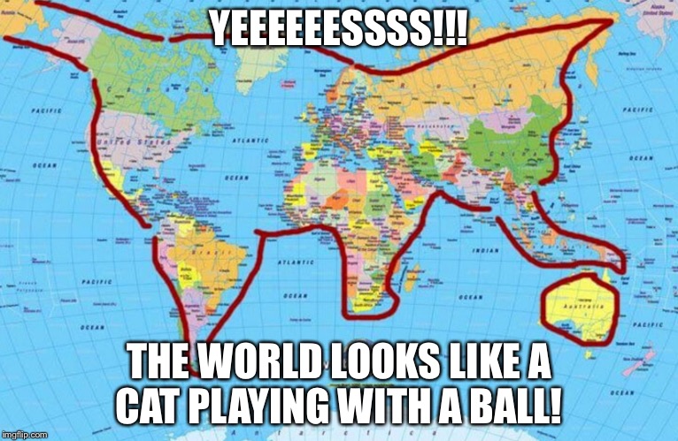 Screw you haters! | YEEEEEESSSS!!! THE WORLD LOOKS LIKE A CAT PLAYING WITH A BALL! | image tagged in cat world,cat,map | made w/ Imgflip meme maker