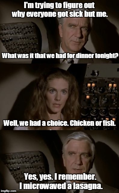 Airplane What Is It? | I'm trying to figure out why everyone got sick but me. What was it that we had for dinner tonight? Well, we had a choice. Chicken or fish. Yes, yes. I remember. I microwaved a lasagna. | image tagged in airplane what is it | made w/ Imgflip meme maker