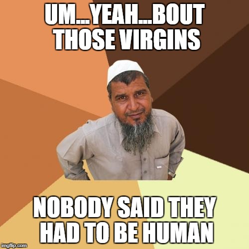 Ordinary Muslim Man Meme | UM...YEAH...BOUT THOSE VIRGINS; NOBODY SAID THEY HAD TO BE HUMAN | image tagged in memes,ordinary muslim man | made w/ Imgflip meme maker