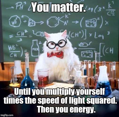 A few words of motivation.  | You matter. Until you multiply yourself times the speed of light squared. 
        Then you energy. | image tagged in memes,chemistry cat | made w/ Imgflip meme maker
