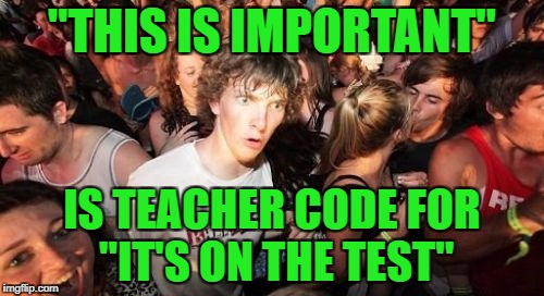 Sudden Clarity Clarence | "THIS IS IMPORTANT"; IS TEACHER CODE FOR "IT'S ON THE TEST" | image tagged in memes,sudden clarity clarence | made w/ Imgflip meme maker