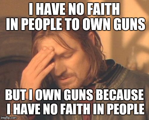 Frustrated Boromir | I HAVE NO FAITH IN PEOPLE TO OWN GUNS; BUT I OWN GUNS BECAUSE I HAVE NO FAITH IN PEOPLE | image tagged in memes,frustrated boromir | made w/ Imgflip meme maker