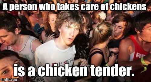 Sudden Clarity Clarence | A person who takes care of chickens; is a chicken tender. | image tagged in memes,sudden clarity clarence | made w/ Imgflip meme maker