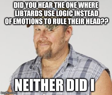 Larry The Cable Guy Meme | DID YOU HEAR THE ONE WHERE LIBTARDS USE LOGIC INSTEAD OF EMOTIONS TO RULE THEIR HEAD?? NEITHER DID I | image tagged in memes,larry the cable guy | made w/ Imgflip meme maker