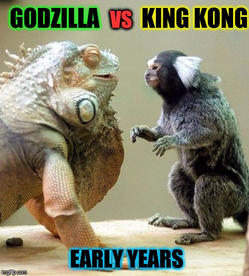 This is how it started!!! (≖_≖ ) | KING KONG; GODZILLA; VS; EARLY YEARS | image tagged in memes,funny,king kong,godzilla,monkey,lizard | made w/ Imgflip meme maker