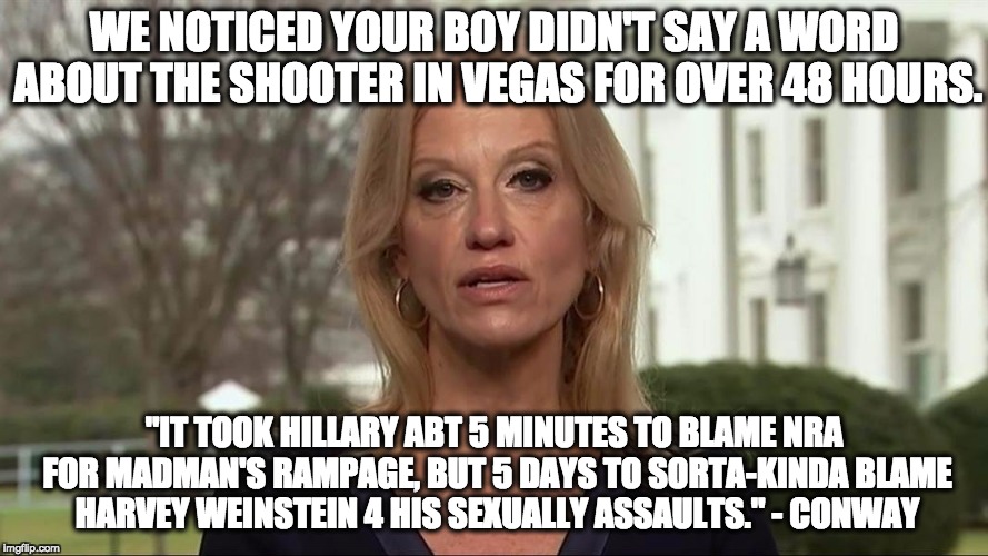WE NOTICED YOUR BOY DIDN'T SAY A WORD ABOUT THE SHOOTER IN VEGAS FOR OVER 48 HOURS. "IT TOOK HILLARY ABT 5 MINUTES TO BLAME NRA FOR MADMAN'S RAMPAGE, BUT 5 DAYS TO SORTA-KINDA BLAME HARVEY WEINSTEIN 4 HIS SEXUALLY ASSAULTS." - CONWAY | image tagged in kellyanne conway,kellyanne conway alternative facts,conway,dumptrump,dump trump,dump the trump | made w/ Imgflip meme maker