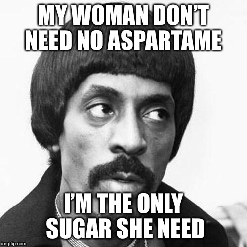 ike turner | MY WOMAN DON’T NEED NO ASPARTAME; I’M THE ONLY SUGAR SHE NEED | image tagged in ike turner | made w/ Imgflip meme maker