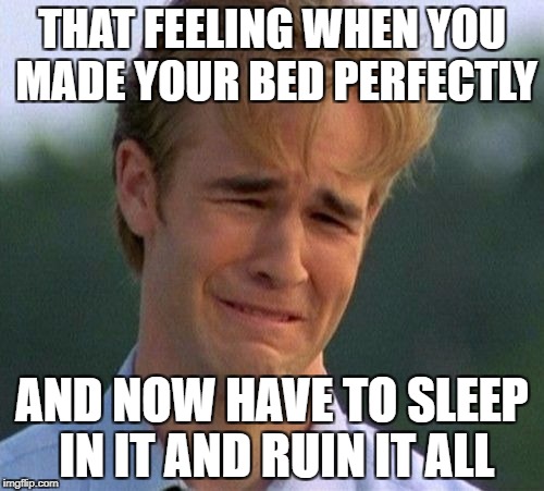 1990s First World Problems | THAT FEELING WHEN YOU MADE YOUR BED PERFECTLY; AND NOW HAVE TO SLEEP IN IT AND RUIN IT ALL | image tagged in memes,1990s first world problems,bed,making bed,that feeling when,that feeling | made w/ Imgflip meme maker