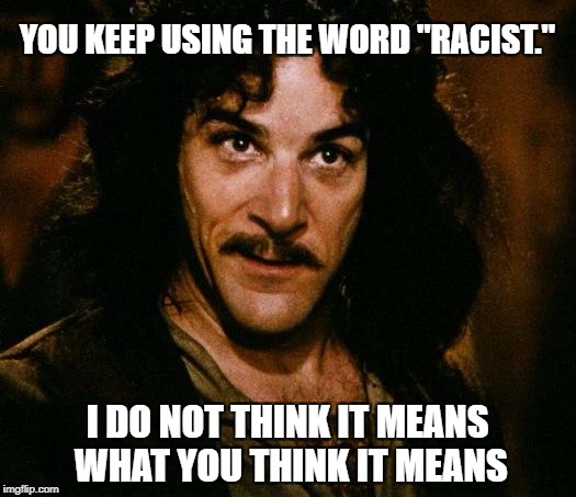 so now it's racist to not allow illegals to vote? | YOU KEEP USING THE WORD "RACIST."; I DO NOT THINK IT MEANS WHAT YOU THINK IT MEANS | image tagged in memes,inigo montoya | made w/ Imgflip meme maker